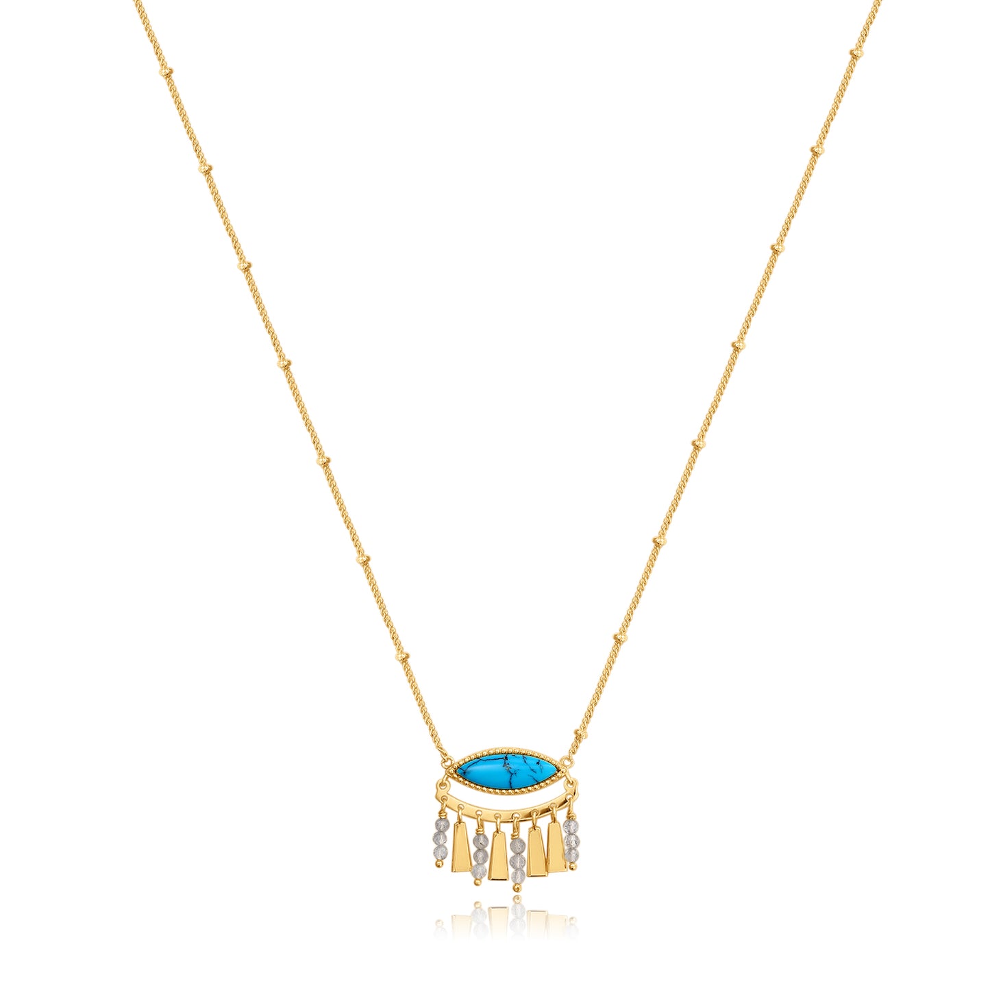 Neelkamal Blue Lotus necklace with turquoise and labradorite gemstones on 18K gold-plated chain by Shreedha Jewels