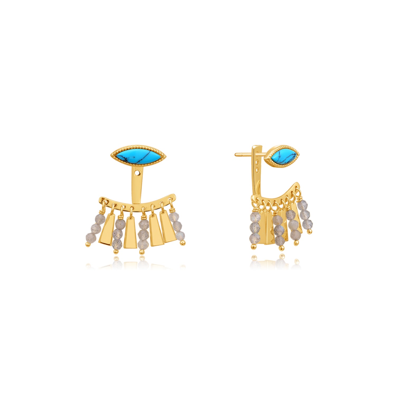 Gold earrings with blue Turquoise gemstones and labradorite beads on a white background