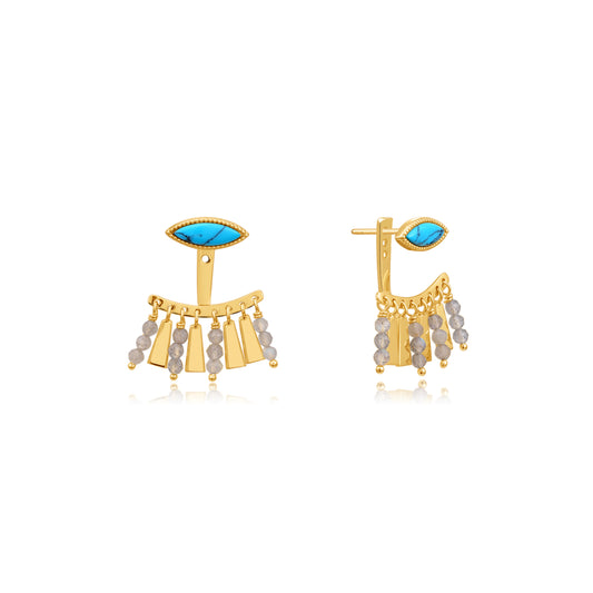 Gold earrings with blue Turquoise gemstones and labradorite beads on a white background